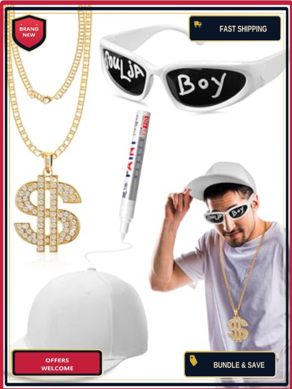 80s 90s Hip Hop Costume Set Rap Accessories Snapback Sunglasses 4 Pcs